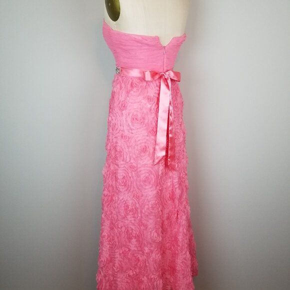 Gorgeous Ruffled Floral Coral Pink Formal Maxi Length Dress with Rhinestone Belt - Picture 5 of 12